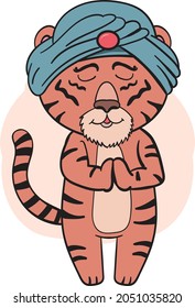 Indian tiger with closed eyes in a turban welcomes, yoga pose. Vector illustration
