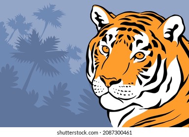 Indian tiger on the background of a wild tropical forest. The head of a wild animal. Wild cat predator. Vector cartoon art illustration