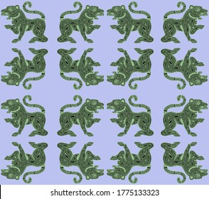 Indian tiger seamless vector pattern on blue background. Flat design.