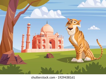 Indian tiger and Taj Mahal in background cartoon vector  illustration