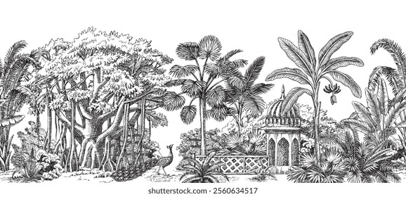 Indian toile jungle seamless border. Tropical palm tree, plants, architecture, peacock mural.	