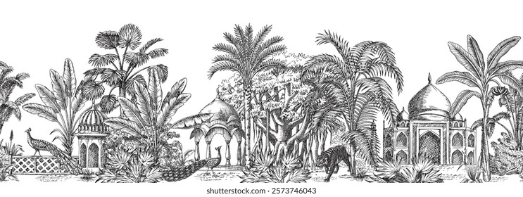 Indian toile jungle seamless border. Tropical palm tree, plants, Taj Mahal , pavilion, tiger animal and peacock mural.