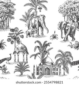 Indian toile jungle seamless pattern. Tropical palm tree, plants, architecture, elephants animals wallpaper.