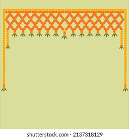 Indian Toran arch grid  with yellow and red marigold flowers, green mango leaves on light pista green background