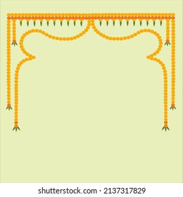 Indian Toran arch with yellow and red marigold flowers, green mango leaves on ligfht pista green  background