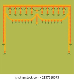 Indian Toran arch with yellow and red marigold flowers, green mango leaves on sap green background