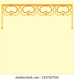 Indian Toran in circular shape with yellow and red marigold flowers, green mango leaves on off white background
