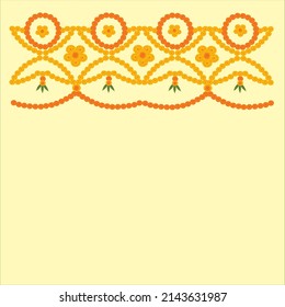 Indian Toran decoration with red and yellow marigold flowers arranged in form of lamp light yellow  color background.