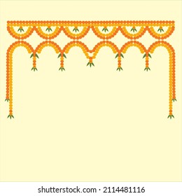 Indian Toran with Marigold floral design with green leaves in geometrical pattern on off white background.