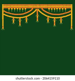 Indian Toran of yellow and orange marigold flower and green mango leaves decoration on deep green color background