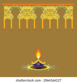 Indian Toran of yellow and orange marigold flower and green mango leaves with decorative design on ochre color background