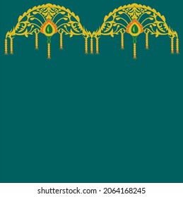 Indian Toran of yellow and orange marigold flower and green mango leaves with decorative design turquoise color background.