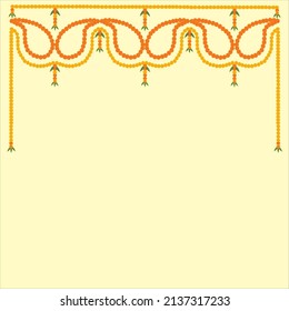 Indian Toranin leaf shpe with yellow and red marigold flowers, green mango leaves on off white background