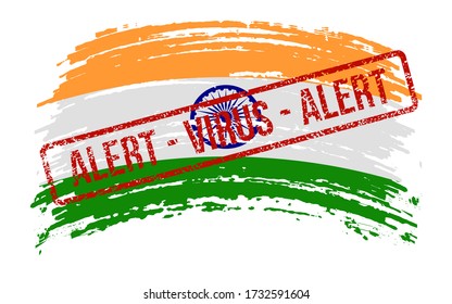 Indian torn flag with a stamp with the words alert virus, vector image