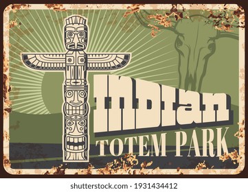 Indian totem pole rusty metal sign with vector animal symbol of Native American tribe. Thunderbird or eagle bird pole with bull skull, monumental carving post or wooden idol of Mayo and Aztec arts