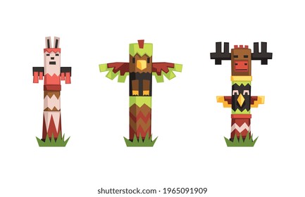 Indian Totem Poles Set, Colorful Wooden Ethnic Ceremonial Objects Vector Illustration