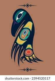 Indian totem, Raven, bird, pattern, emblem, vector graphics, illustration, American Indian, Raven means cunning.
