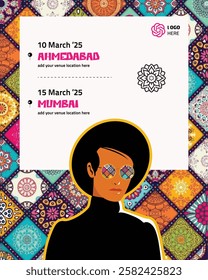 Indian tour poster with vibrant colors, traditional patterns, and a rich cultural touch for travel.