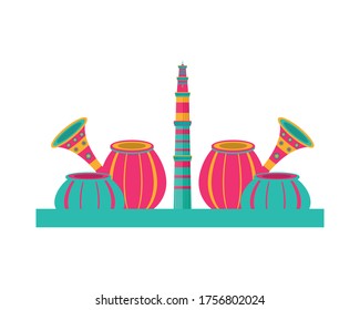 indian tower temple structure and lamps decoration vector illustration design