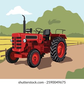 Indian tractor vector illustration, 3d Red tractor, Detailed vector illustration picture of tractor, agriculture vehicle vector drawing, Farm tractor isolated graphic sketch illustration, EPS 10 image