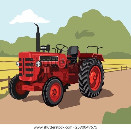 Indian tractor vector illustration, 3d Red tractor, Detailed vector illustration picture of tractor, agriculture vehicle vector drawing, Farm tractor isolated graphic sketch illustration, EPS 10 image