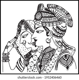 Indian traditional art hand drawing of bride and groom illustration line art black and white clip art. Rajasthani dulha dulha (bride and groom) clip art for wedding card. Indian king queen line drawin