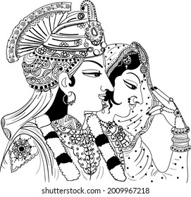 Indian traditional art hand drawing of bride and groom illustration line art black and white clip art. Rajasthani dulha dulha (bride and groom) clip art for wedding card. Indian king queen line drawin