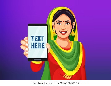 Indian traditional beautiful woman raised her hand to show a blank screen in mobile phone with copy space while standing concept vector illustration