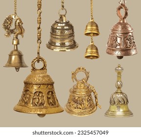 Indian traditional bells in different sizes and angles