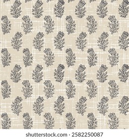 Indian Traditional black Block Print Floral Booti Design Seamless Repeat pattern on ivory background for textile, scarf Vector format editable