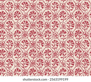 Indian Traditional Block Print floral  Design Pattern. Ajrakh Pattern Batik Print Pattern. Traditional Indian Design on red background.