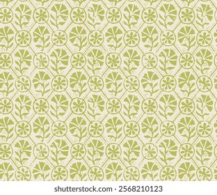 Indian Traditional Block Print floral  Design Pattern. Ajrakh Pattern Batik Print Pattern. Traditional Indian Design on green background.