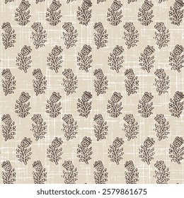 Indian Traditional brown Block Print Floral Booti Design Seamless Repeat pattern on ivory background for textile, scarf Vector format editable