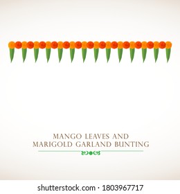 Indian traditional bunting Torana for festival decoration. Eco friendly bunting torana with marigold flower and mango leaf. Happy ugadi new year, Happy Diwali lights festival, Happy dussehra or dasara