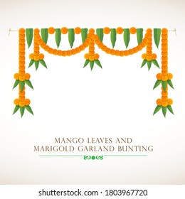 Indian traditional bunting Torana for festival decoration. Eco friendly bunting torana with marigold flower and mango leaf. Happy ugadi new year, Happy Diwali lights festival, Happy dussehra or dasara