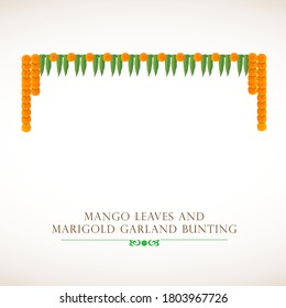 Indian traditional bunting Torana for festival decoration. Eco friendly bunting torana with marigold flower and mango leaf. Happy ugadi new year, Happy Diwali lights festival, Happy dussehra or dasara