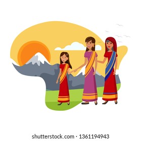 Indian Traditional Clothing Vector Illustration. Female Relatives in Sari spend Time Together. Indian Women Enjoy Evening, Nature, Beautiful Mountain Landscape. Fashion Models Cartoon Characters