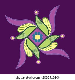 Diseño tradicional indio de rangoli colorido con motivos florales, esvásticos y geométricos sobre fondo de color violeta.