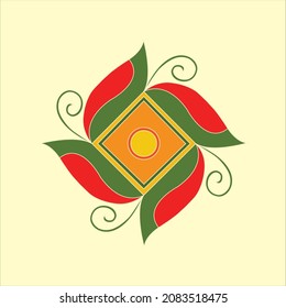 Diseño tradicional indio de rangoli colorido con motivos florales, esvásticos y geométricos sobre un fondo de color blanco roto.