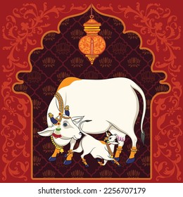 Indian Traditional Cow and calf Painting with elegant lotus designs