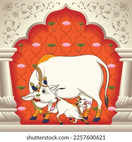 Indian Traditional Cow and calf Painting with lotus designs