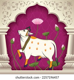 Indian Traditional Cow Painting with lotus and leaf designs