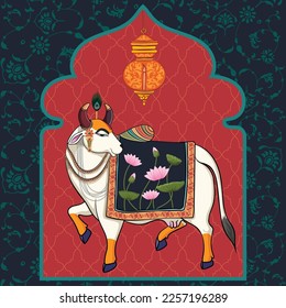 Indian Traditional Cow in Rajasthani Painting with lotus and leaf design Decors