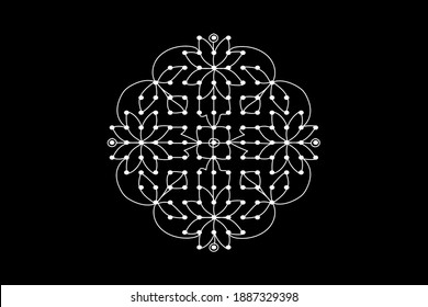  Indian traditional and cultural beautiful Rangoli with dots, star, flower,  shape outline design Alpona, Kolam or Paisley vector line art isolated on  black background.   
