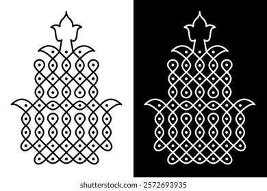 Indian traditional and Cultural design concept of Rangoli or Kolam design line drawing isolated on black and white background - vector illustration