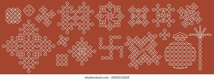 Vector indio de diseño tradicional y cultural de Kolam, conjunto de patrones de decoración casera.