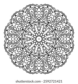 Indian Traditional and cultural Mandala design concept of Rangoli, Alpona, Kolam or Paisley line art with dark and white background.