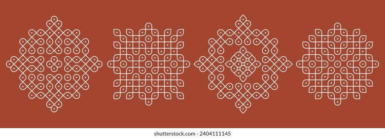 Indian Traditional and Cultural pulli or sikku Kolam modern vector, set of editable home decor patterns. 