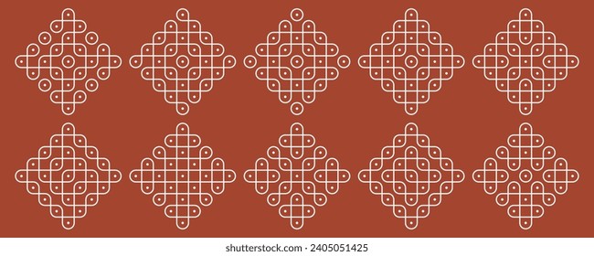 Indian Traditional and Cultural pulli and sikku Kolam design vector, set of editable home decor patterns.