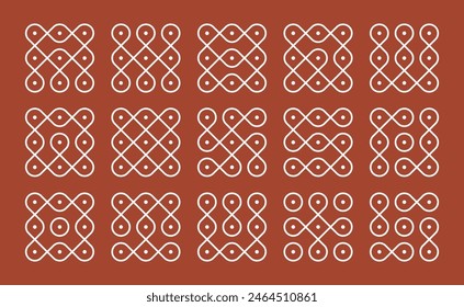 Indian Traditional and Cultural pulli or sikku Kolam design vector, set of editable home decor patterns